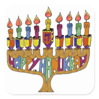 Happy Hanukkah Dreidels Menorah Square Sticker