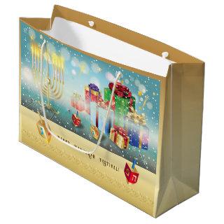 Happy Hanukkah Festival of Lights Gold Large Large Gift Bag