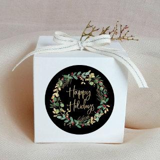 Happy Holidays | Black and Modern Faux Gold Wreath Classic Round Sticker