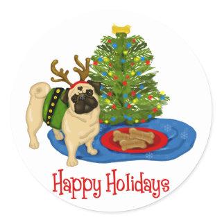 Happy Holidays Christmas Reindeer Pug Stickers