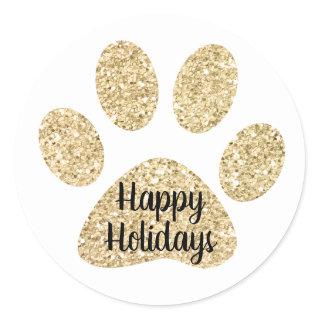 Happy Holidays Cute Gold Glitter Paw Print Classic Round Sticker