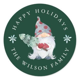 Happy Holidays Gnome Christmas Tree Classic Round Sticker