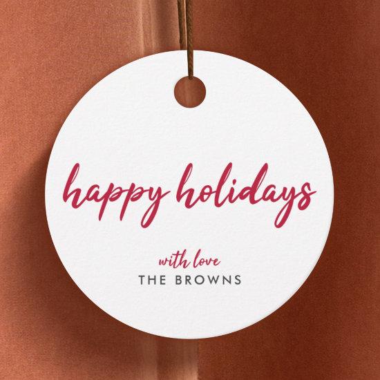 Happy Holidays | Modern Minimalist Red Xmas Script Favor Tags
