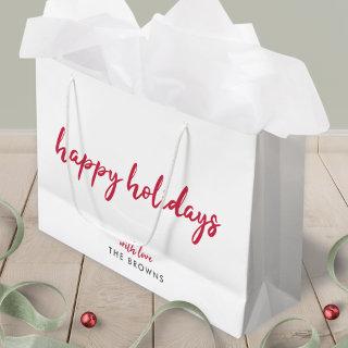 Happy Holidays | Modern Minimalist Red Xmas Script Large Gift Bag