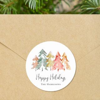 Happy Holidays Pine Tree Watercolor Christmas Classic Round Sticker