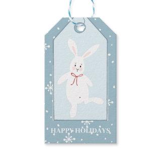 Happy Holidays winter cute rabbit snow blue Gift Tags