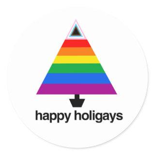 Happy Holigays Progress Pride Tree Classic Round Sticker
