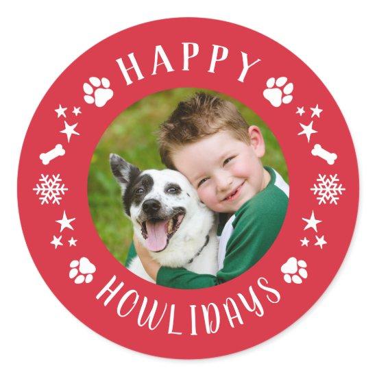 Happy Howlidays Red Pet Dog Photo Classic Round Sticker