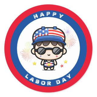 Happy Labor Day Patriotic Kid Stars and Fireworks Classic Round Sticker