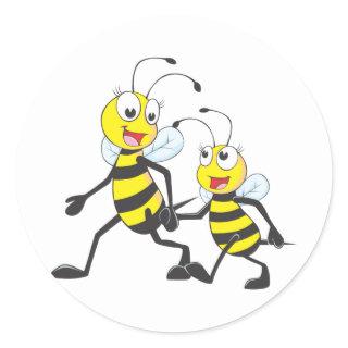 Happy Mother and Daughter Bee Walking Together Classic Round Sticker