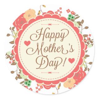 Happy Mother Day Text & Colorful Floral Design Classic Round Sticker