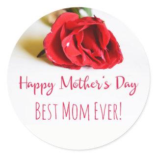 Happy Mother's Day Best Mom with a Single Red Rose Classic Round Sticker