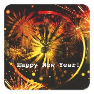 Happy New Year! Fireworks and Clock   Square Sticker