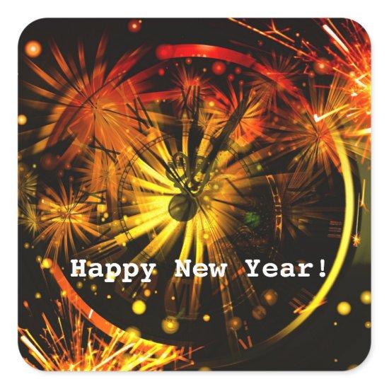 Happy New Year! Fireworks and Clock   Square Sticker