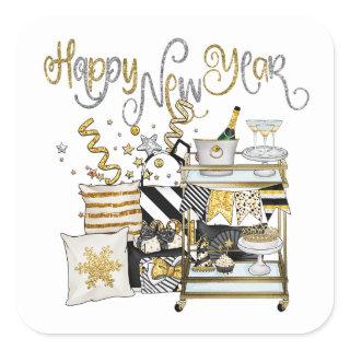 Happy New Year Gold Black Champagne Gifts Confetti Square Sticker
