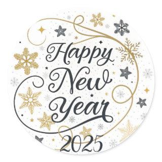 Happy New Year Gold Snowflake Classic Round Sticker