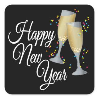 Happy New Year I Champagne Glasses Square Sticker