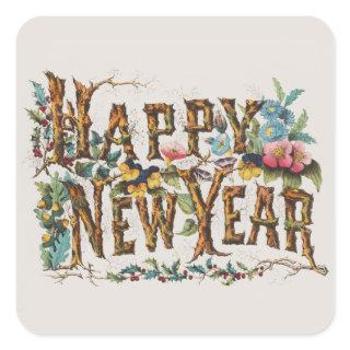 Happy New Year in Tree Trunks, Acorns and Flowers Square Sticker