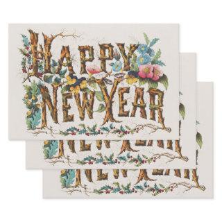 Happy New Year in Tree Trunks, Acorns and Flowers  Sheets