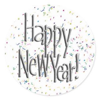 Happy New Year Silver Text Classic Round Sticker