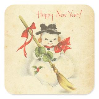 Happy New Year Vintage Snowman Red Bow Holly Broom Square Sticker