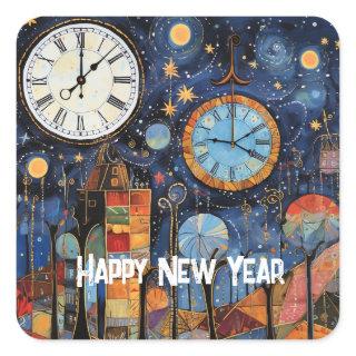 Happy New Year Whimsical Illustration Square Sticker