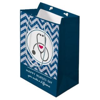 Happy Nurses Day Stethoscope on Blue Chevron Medium Gift Bag