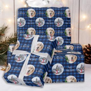 Happy Pawlidays Blue Holiday Plaid Cat Dog Photo