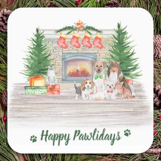 Happy Pawlidays Dogs Cats Puppies Kitten Christmas Square Sticker