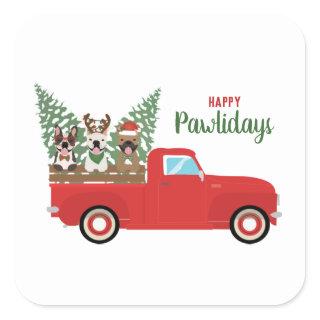 Happy Pawlidays French Bulldogs Red Pickup Truck Square Sticker