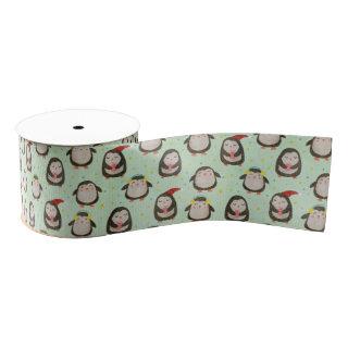 Happy Penguins Wearing Santa Hats w/Ear Muffs Grosgrain Ribbon