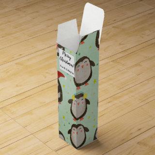 Happy Penguins Wearing Santa Hats w/Ear Muffs Wine Box