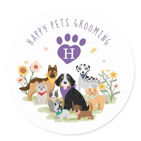 Happy Pet Family Pet Care & Grooming Monogram Classic Round Sticker