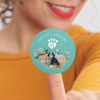 Happy Pet Family Pet Care & Grooming Monogram Teal Classic Round Sticker