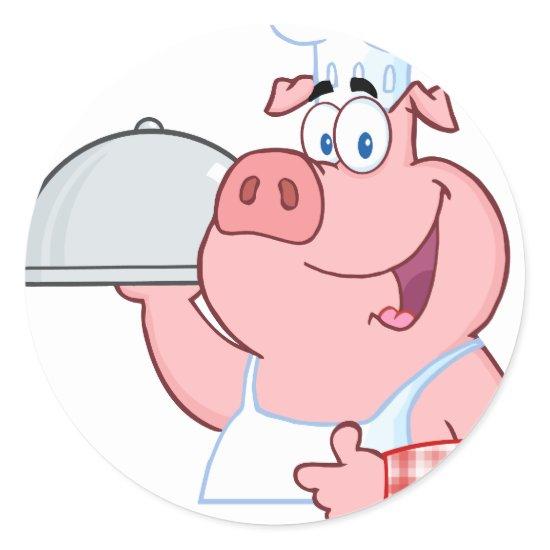 Happy Pig Chef Holding A Platter Sign Classic Round Sticker