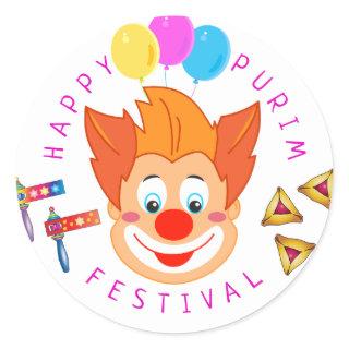 Happy Purim Festival Funny Clown Kids Party Classic Round Sticker