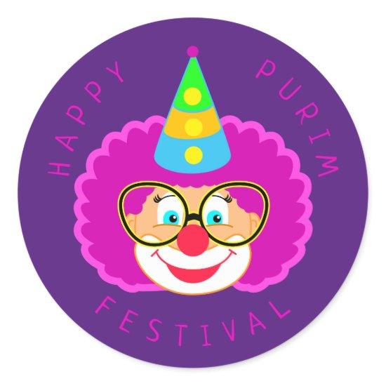 Happy Purim Festival Funny Clown Kids Party Classic Round Sticker