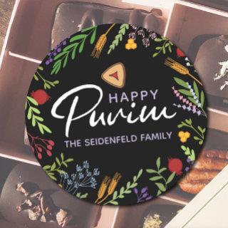 Happy Purim Personalized Floral Label on Black