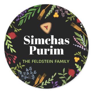 Happy Purim Personalized Round Sticker on Black