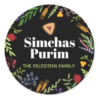 Happy Purim Personalized Round Sticker on Black