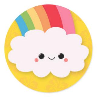 Happy Rainbow Cloud on Yellow Classic Round Sticker