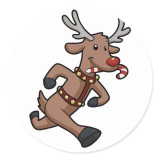 Happy Reindeer Runs cartoon | choose back color Classic Round Sticker