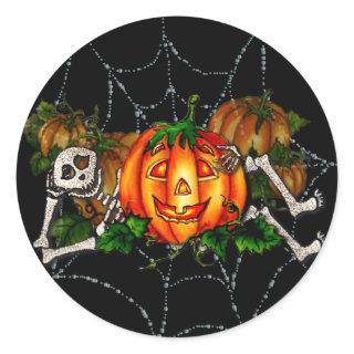 HAPPY RESTING SKELETON & JACK by SHARON SHARPE Classic Round Sticker