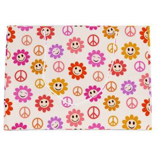 Happy Smiling Flowers pattern with peace signs  Large Gift Bag