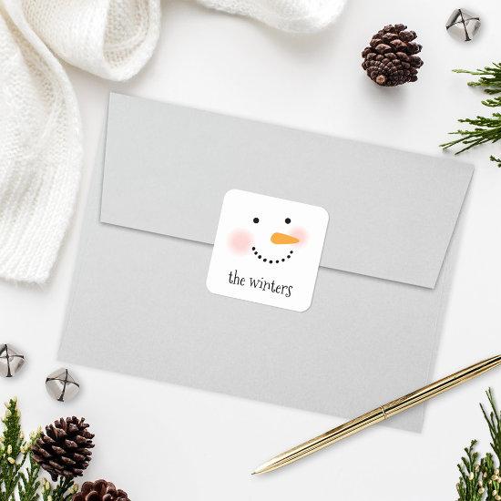 Happy Snowman Face Personalized Family Name Square Sticker