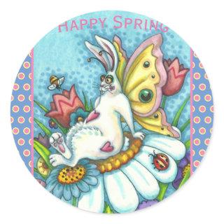 HAPPY SPRING FLUTTERBUN RABBIT, FUNNY BUNNY FAIRY CLASSIC ROUND STICKER