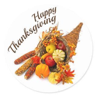 Happy Thanksgiving Cornucopia Round Stickers