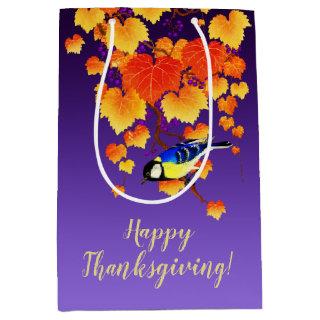 Happy Thanksgiving Fall Grape Vine Great Tit Bird Medium Gift Bag