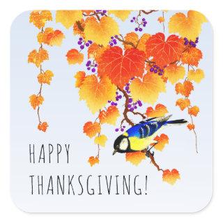 Happy Thanksgiving Fall Grape Vine Great Tit Bird Square Sticker