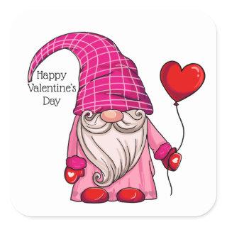 Happy Valentine’s Day Pink Gnome heart Balloon  Sq Square Sticker